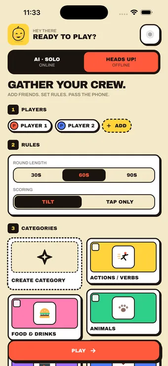 Heads Up party mode setup in AI Charades: players, round length of 30, 60 or 90 seconds, tilt or tap scoring